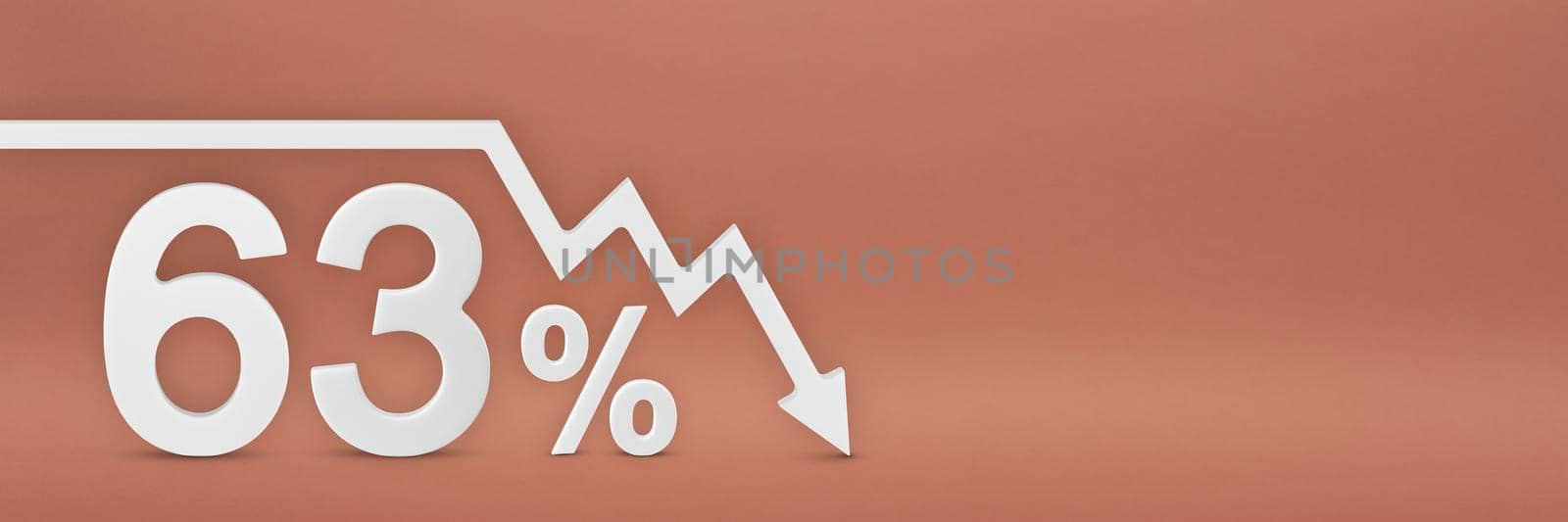 sixty-three percent, the arrow on the graph is pointing down. Stock market crash, bear market, inflation.Economic collapse, collapse of stocks.3d banner,63 percent discount sign on a red background. by SERSOL