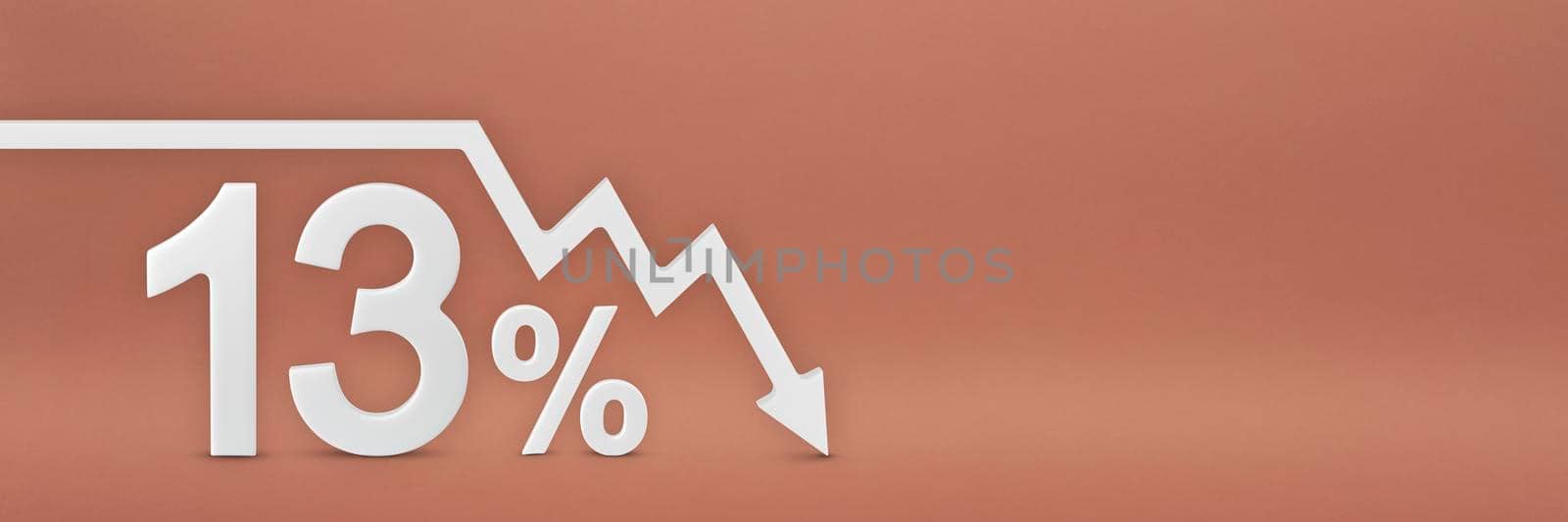 thirteen percent, the arrow on the graph is pointing down. Stock market crash, bear market, inflation. Economic collapse, collapse of stocks. 3d banner, 13 percent discount sign on a red background