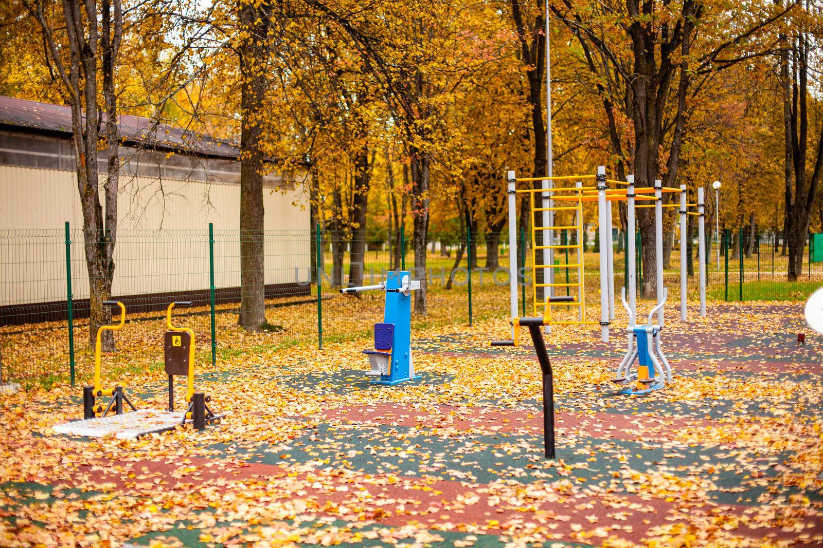 Sports simulator on the street in the fall. Sports horizontal bar. Pull-up bar