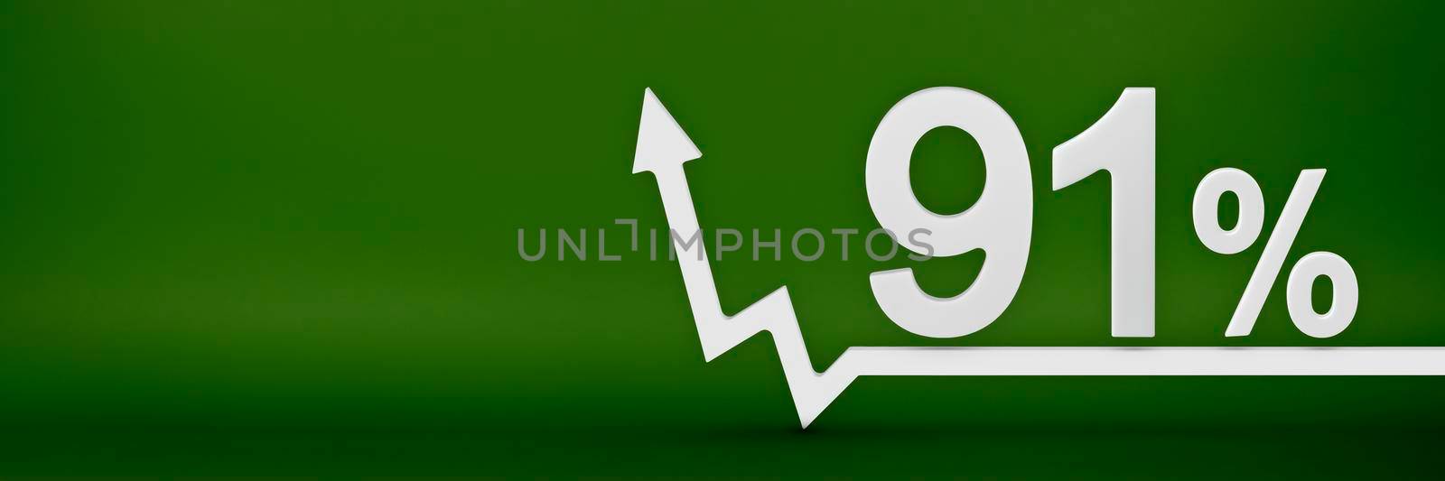 91 percent. The arrow on the graph points up. Rising prices, inflation, increase in income, increase in interest rates, taxes. 3d banner, ninety one percent sign discount on a green background