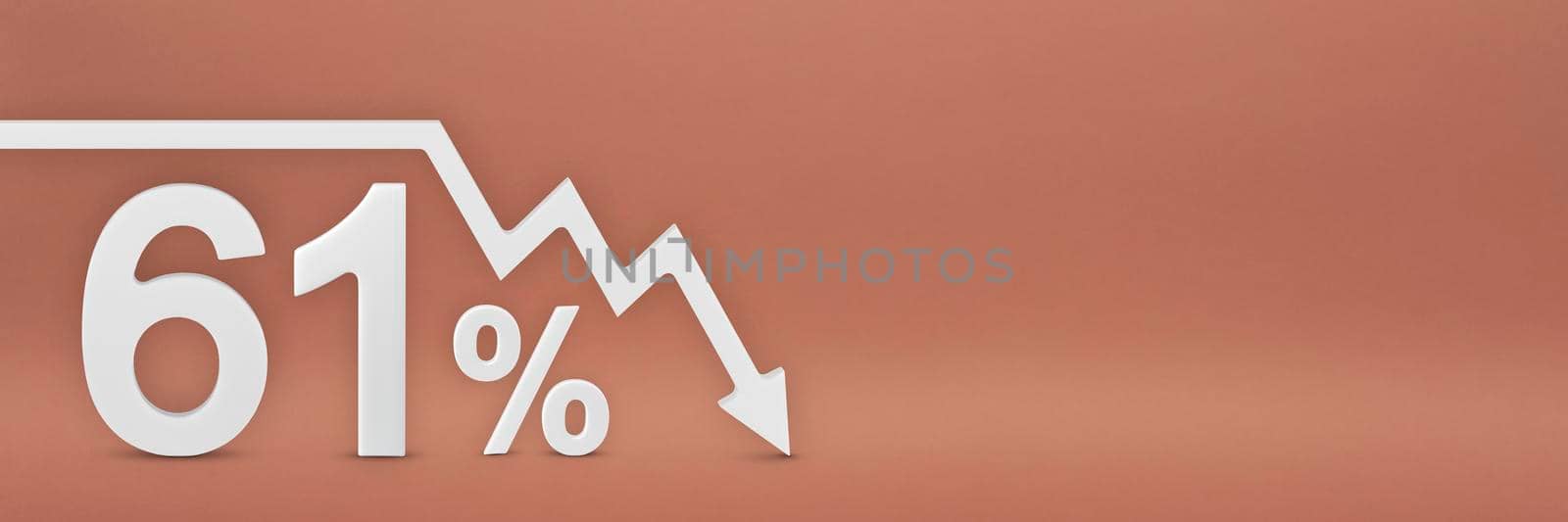 sixty-one percent, the arrow on the graph is pointing down. Stock market crash, bear market, inflation.Economic collapse, collapse of stocks.3d banner,61 percent discount sign on a red background. by SERSOL