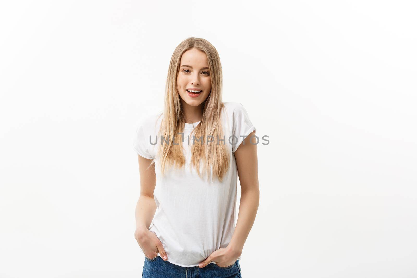 Caucasian young confident woman. Model white t-shirt isolated on white background