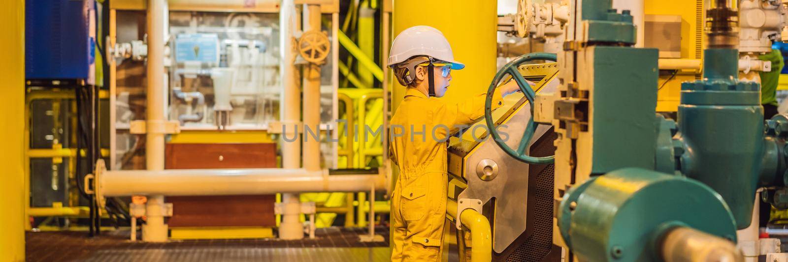 Boy operator recording operation of oil and gas process at oil and rig plant, offshore oil and gas industry, offshore oil and rig in the sea, operator monitor production process, routine daily record. Real life education. BANNER, LONG FORMAT