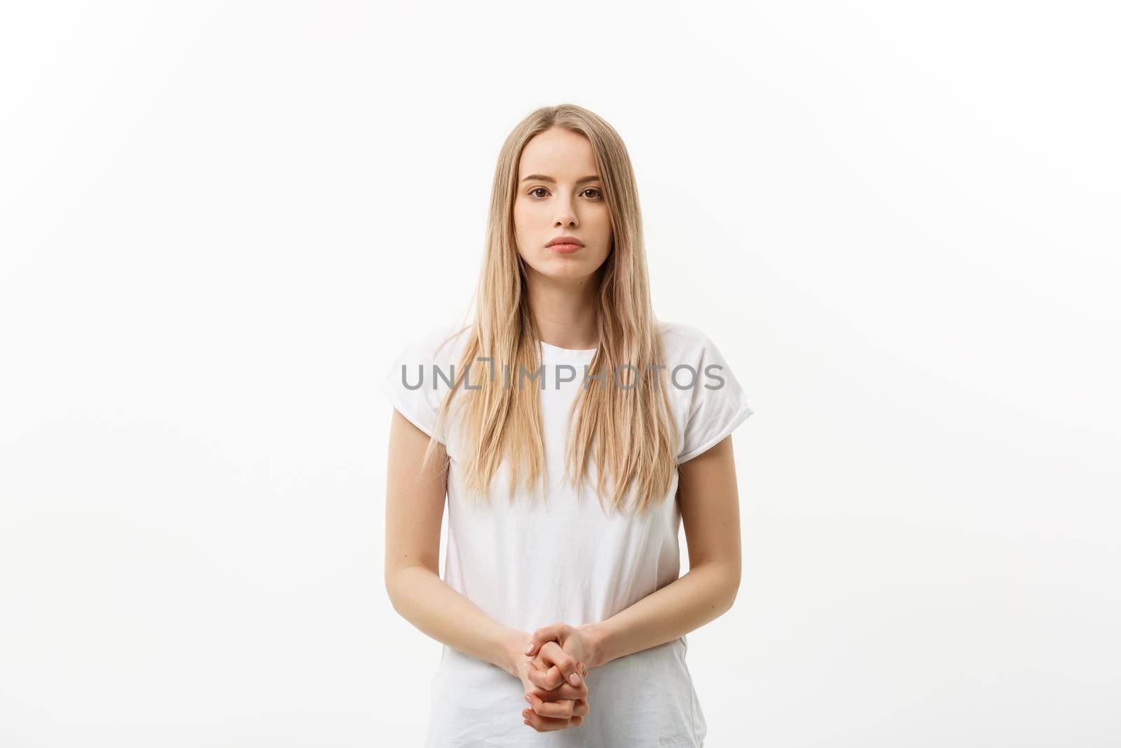 Caucasian young confident woman. Model white t-shirt isolated on white background. by Benzoix