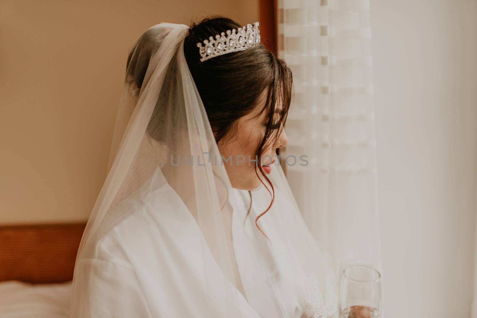 woman bride white silk peignoir thin robe long veil tiara on head by AndriiDrachuk