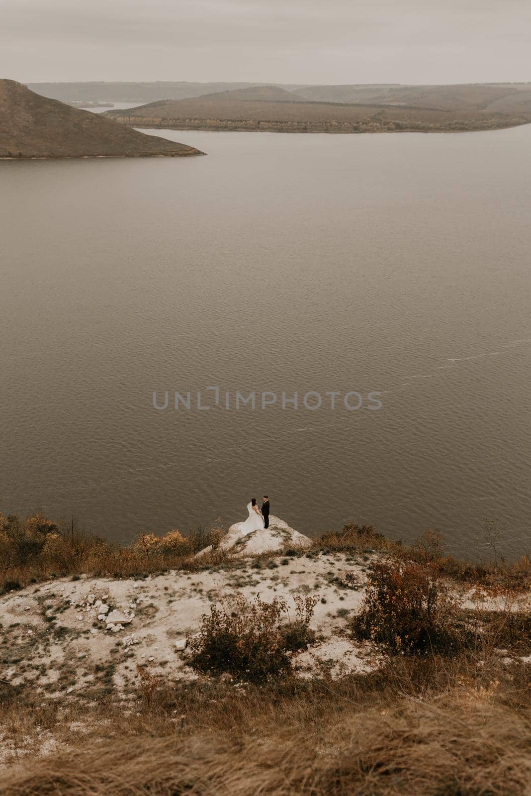a wedding couple in love, groom and the bride in dress veil stand on Big Stone on cliff and kiss by AndriiDrachuk