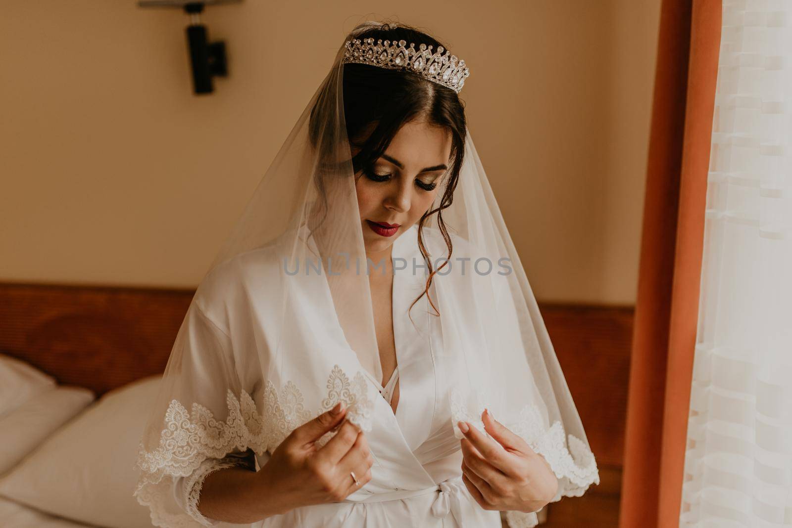 woman bride white silk peignoir thin robe long veil tiara on head by AndriiDrachuk