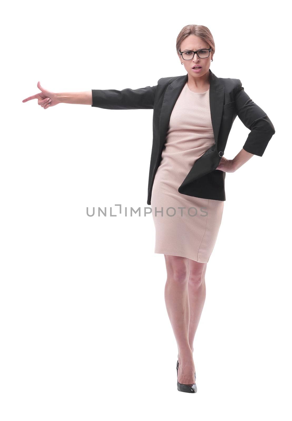 full length . strict businesswoman pointing to the side by asdf