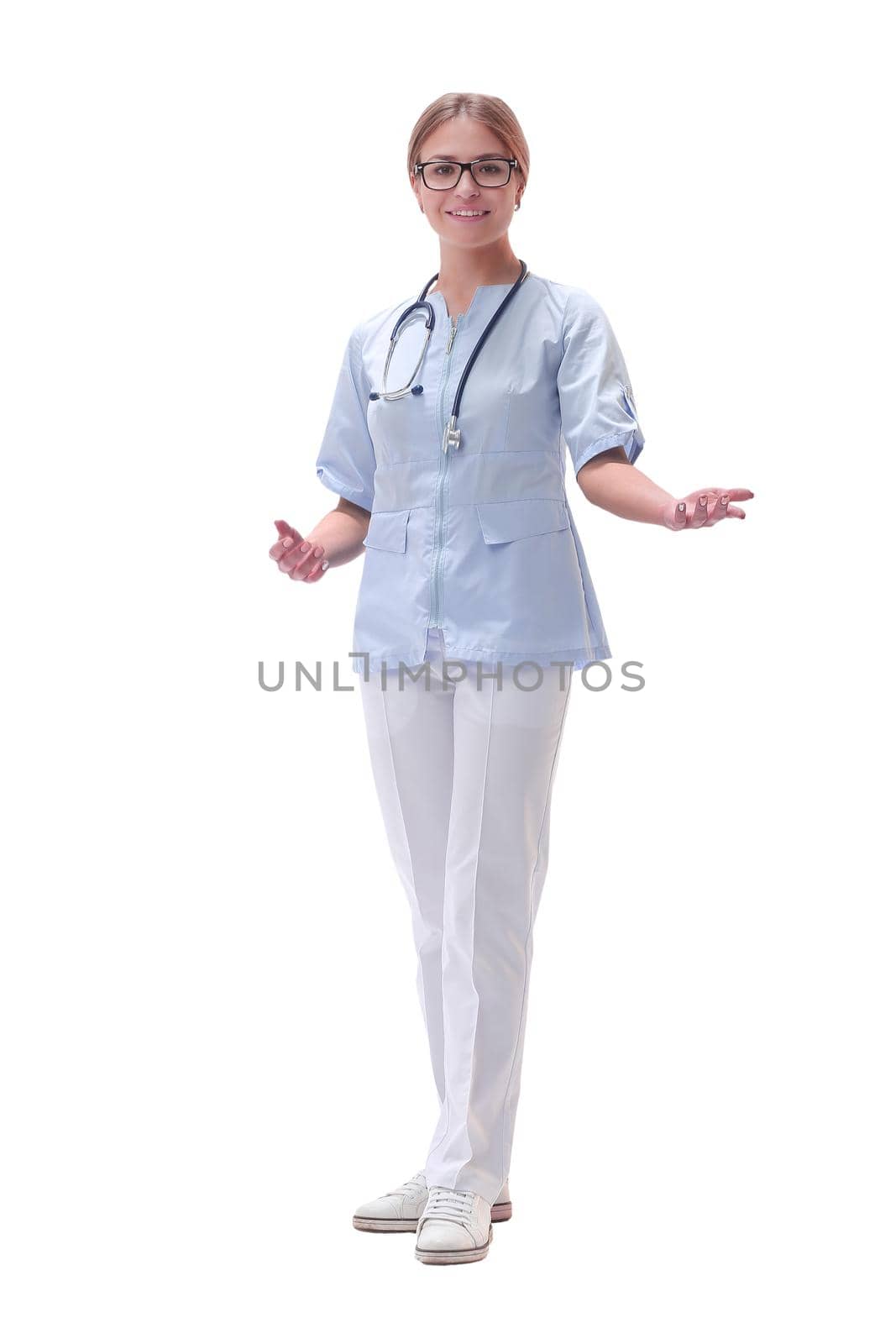 in full growth. friendly medical doctor woman. isolated on white background