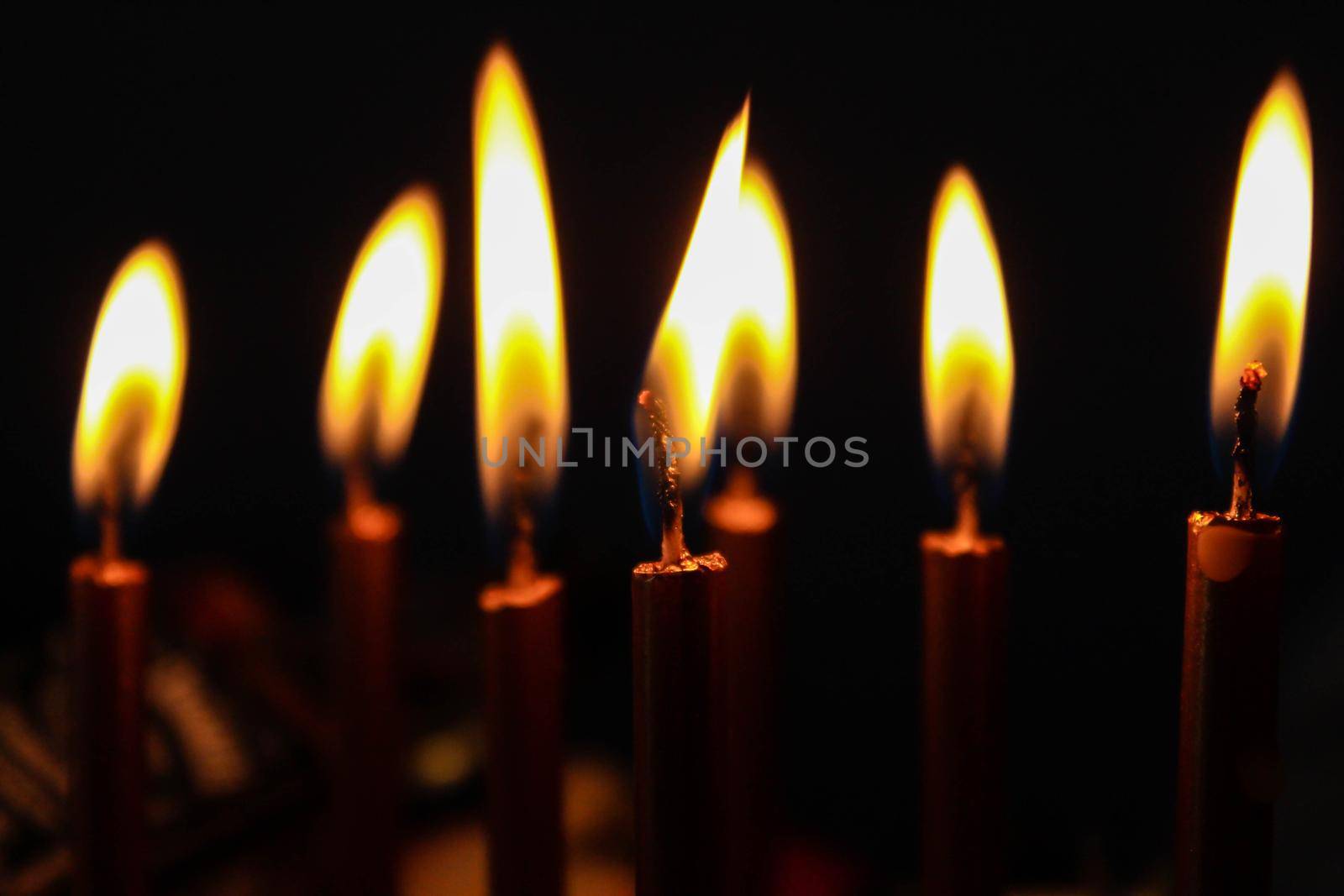 lots of candles on the birthday cake in the dark. Fire of the candles