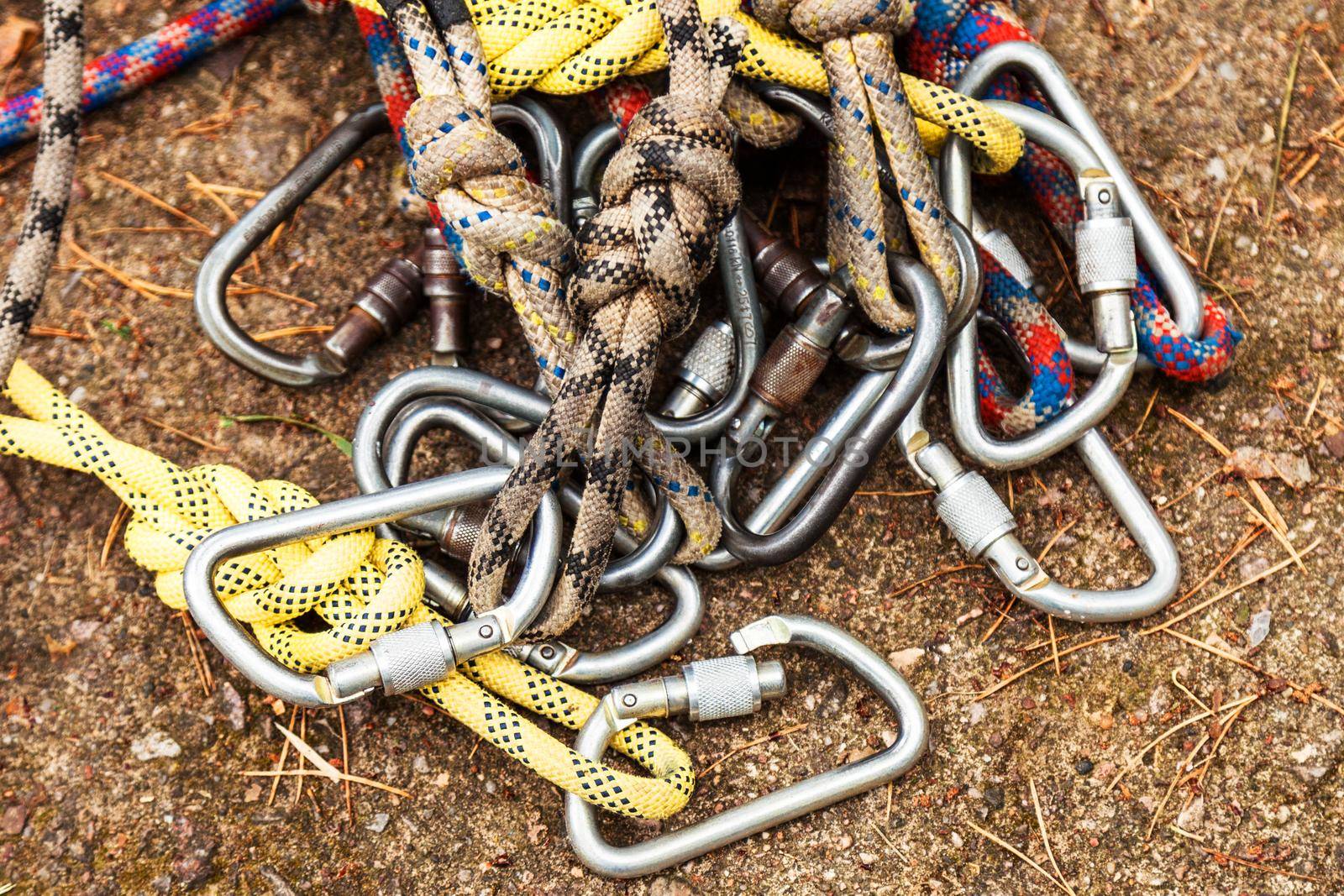 Ropes with carabiners for insurance, rope town or rock climbing