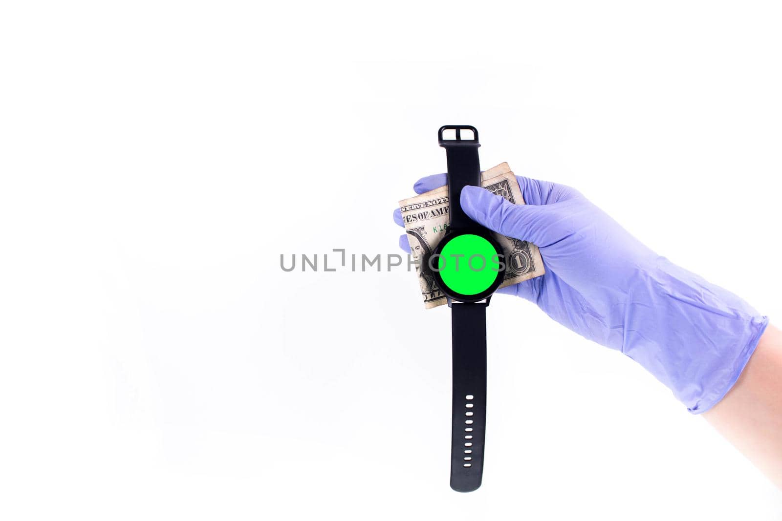 Green screen Smart watch on hand in rubber glove holding money with white background. Space for text
