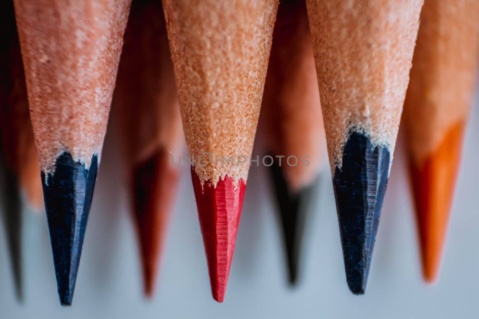 Close up macro shot of color pencil pile pencil nibs on white background. Education or back to school Concept. by JuliaDorian