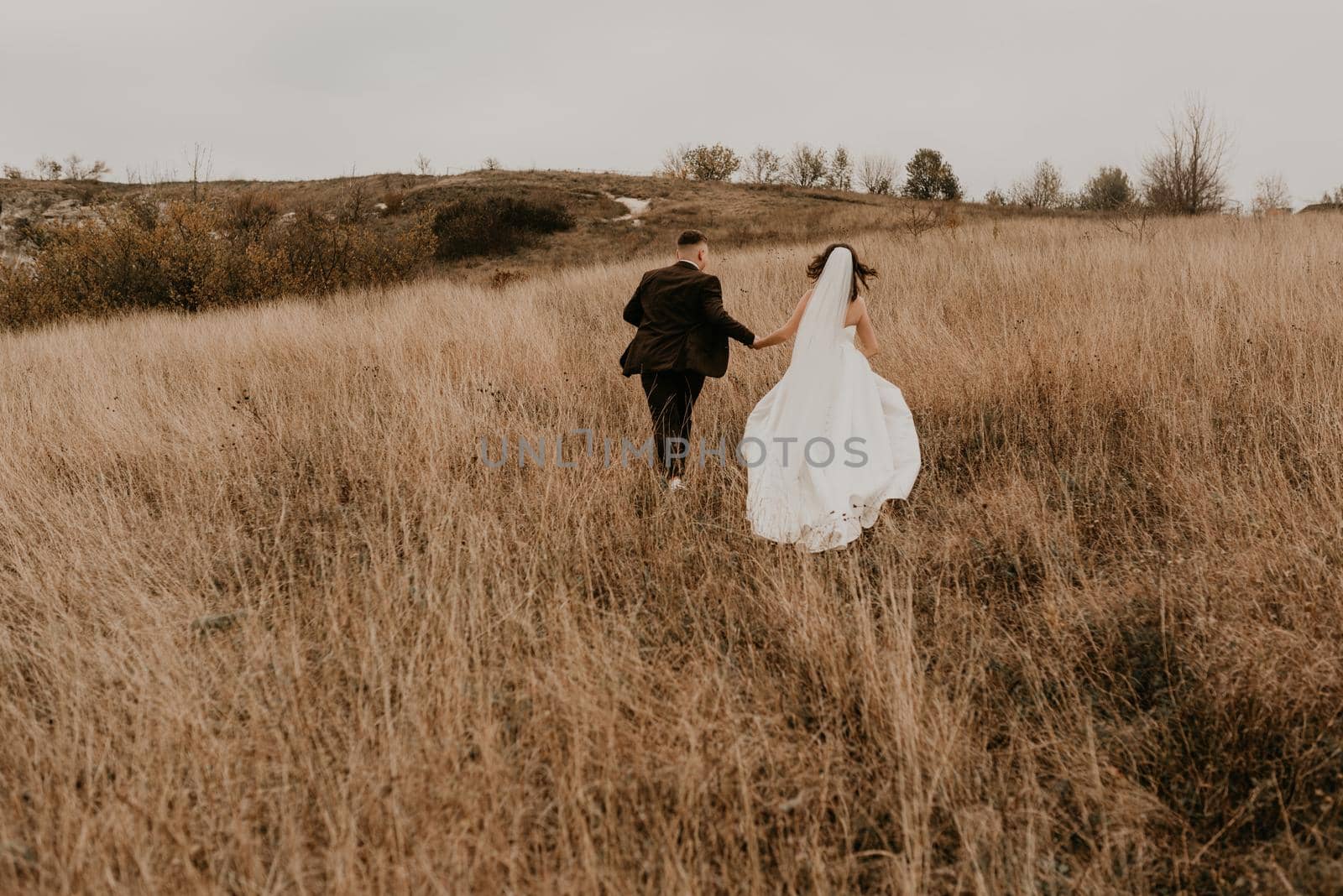 couple wedding newlyweds walk run on tall grass on mountain above the river by AndriiDrachuk