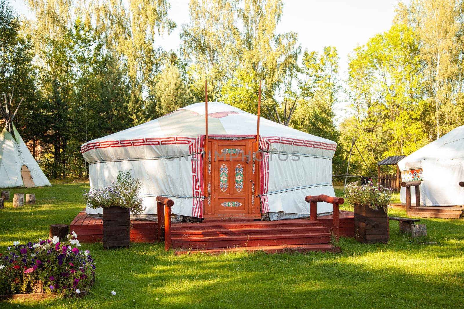 Tipi dwelling, Yurt in the forest. The yurt of the Kazakhs, the Kyrgyz, the Mongols have long bred sheep, so they covered the frame of poles with felt from sheep s wool
