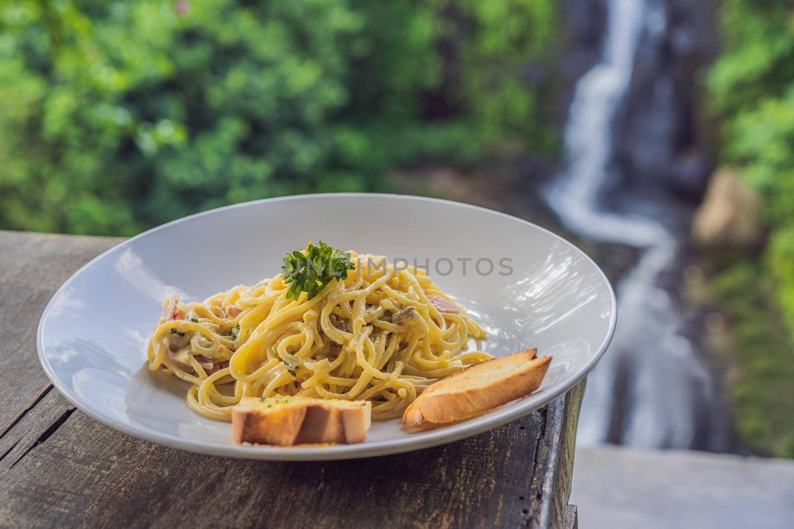Pasta in a cafe on the background of a waterfall.