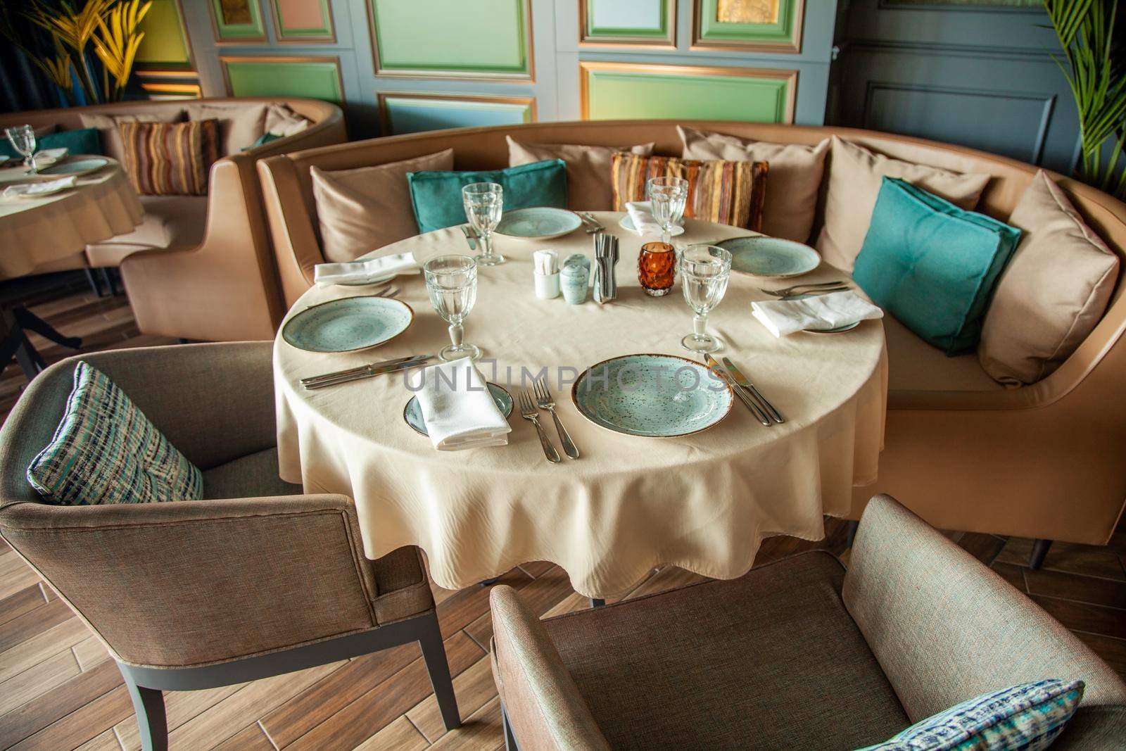 Table with cutlery in the restaurant or cafe.