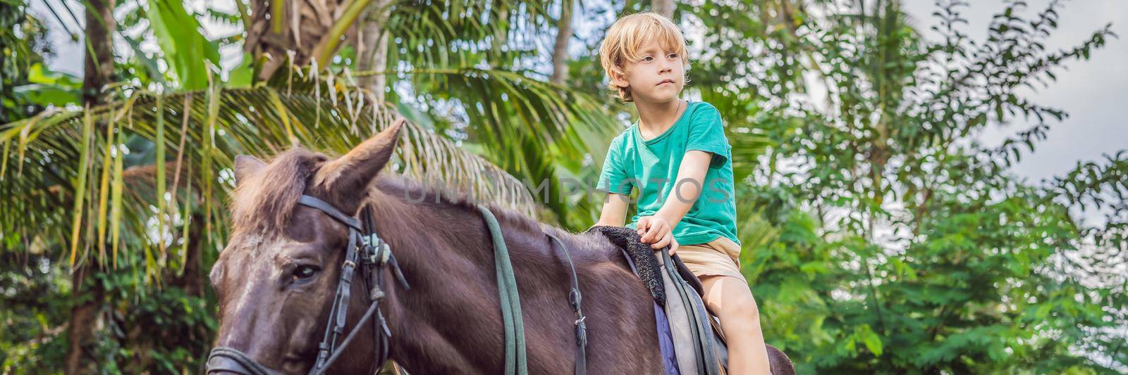 Boy horseback riding, performing exercises on horseback BANNER, LONG FORMAT by galitskaya