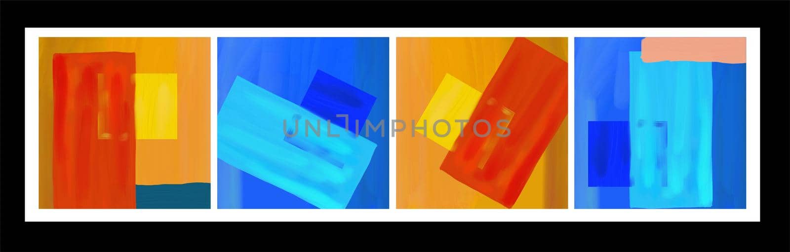 Set of square paintings 4 pieces, abstract modern art. Minimalism, squares, stripes. Bright yellow, blue and orange color. Art for interior decoration and background for your design.