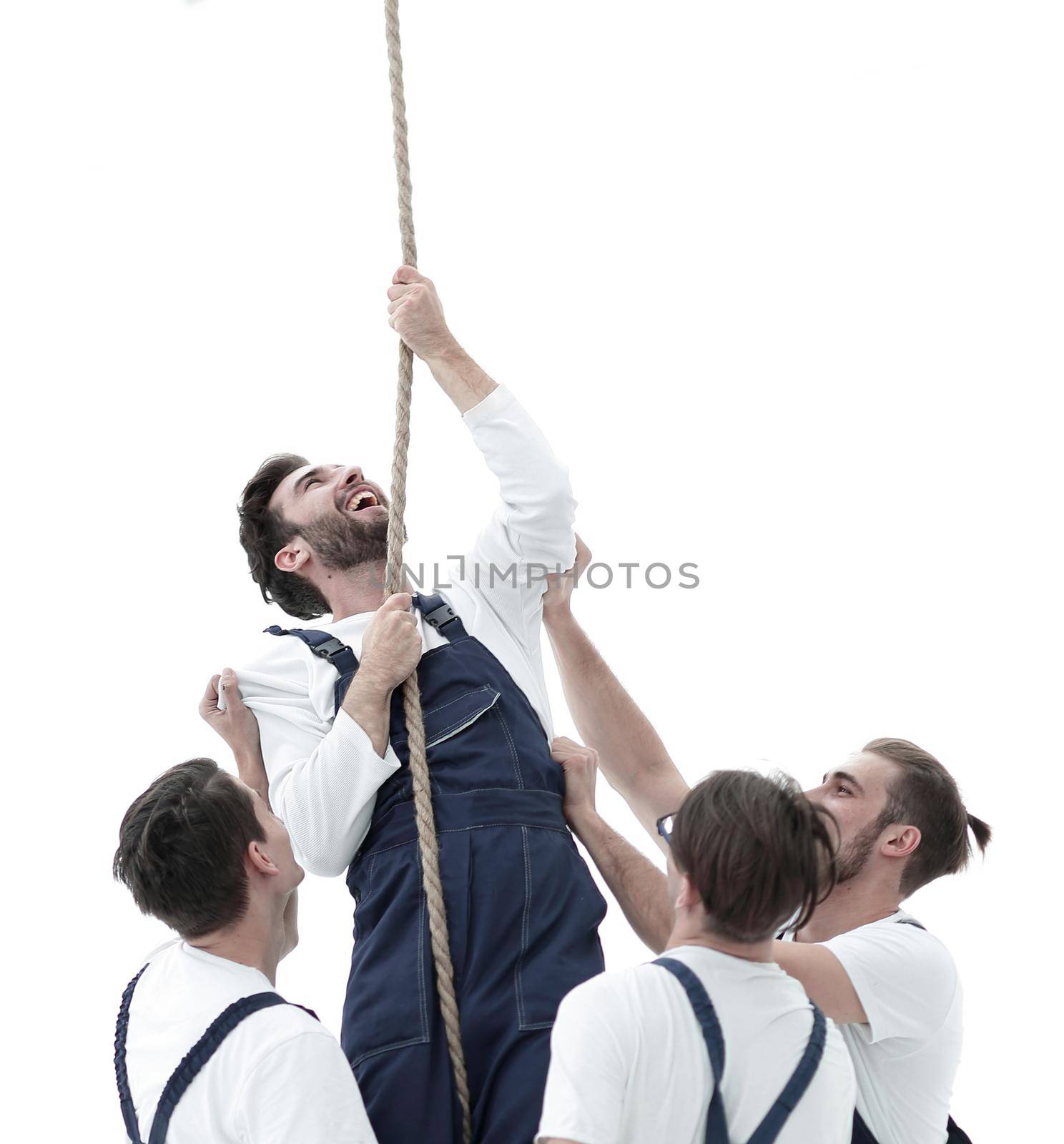 view from the top.group workers help the companion to climb up.isolated on white