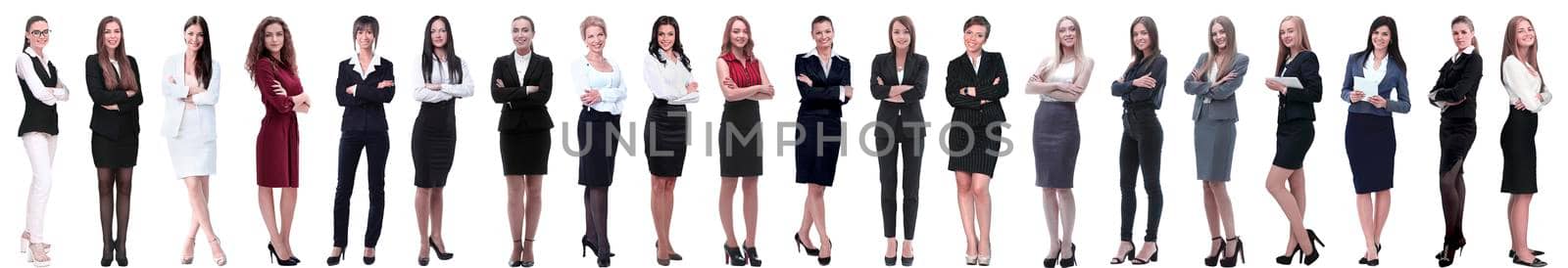 group of successful young businesswoman standing in a row by asdf