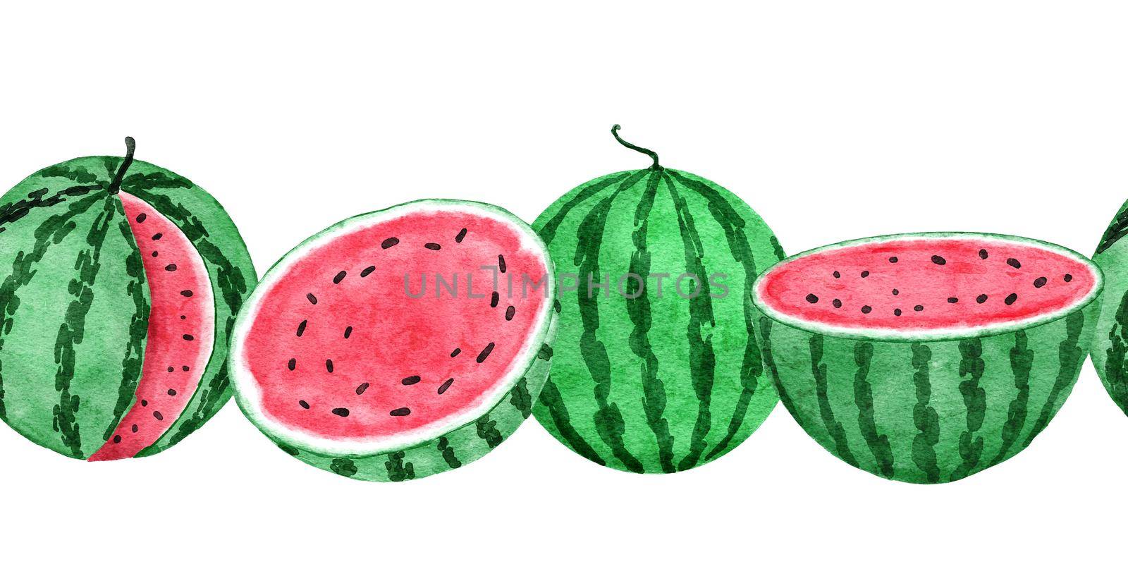 Watercolor hand drawn seamless horizontal border with red green watermelon, summer fruit seeds slices. Vegetarian vegan healthy food frame, tropical jungle vacation holiday concept