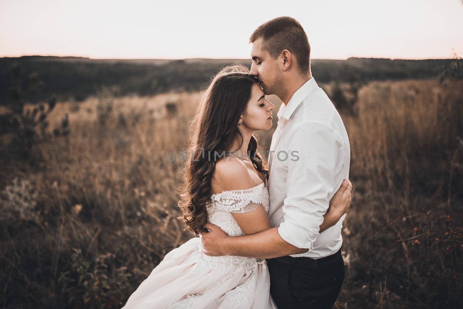 bride and groom in wedding white dress walking on the meadow in summer at sunset