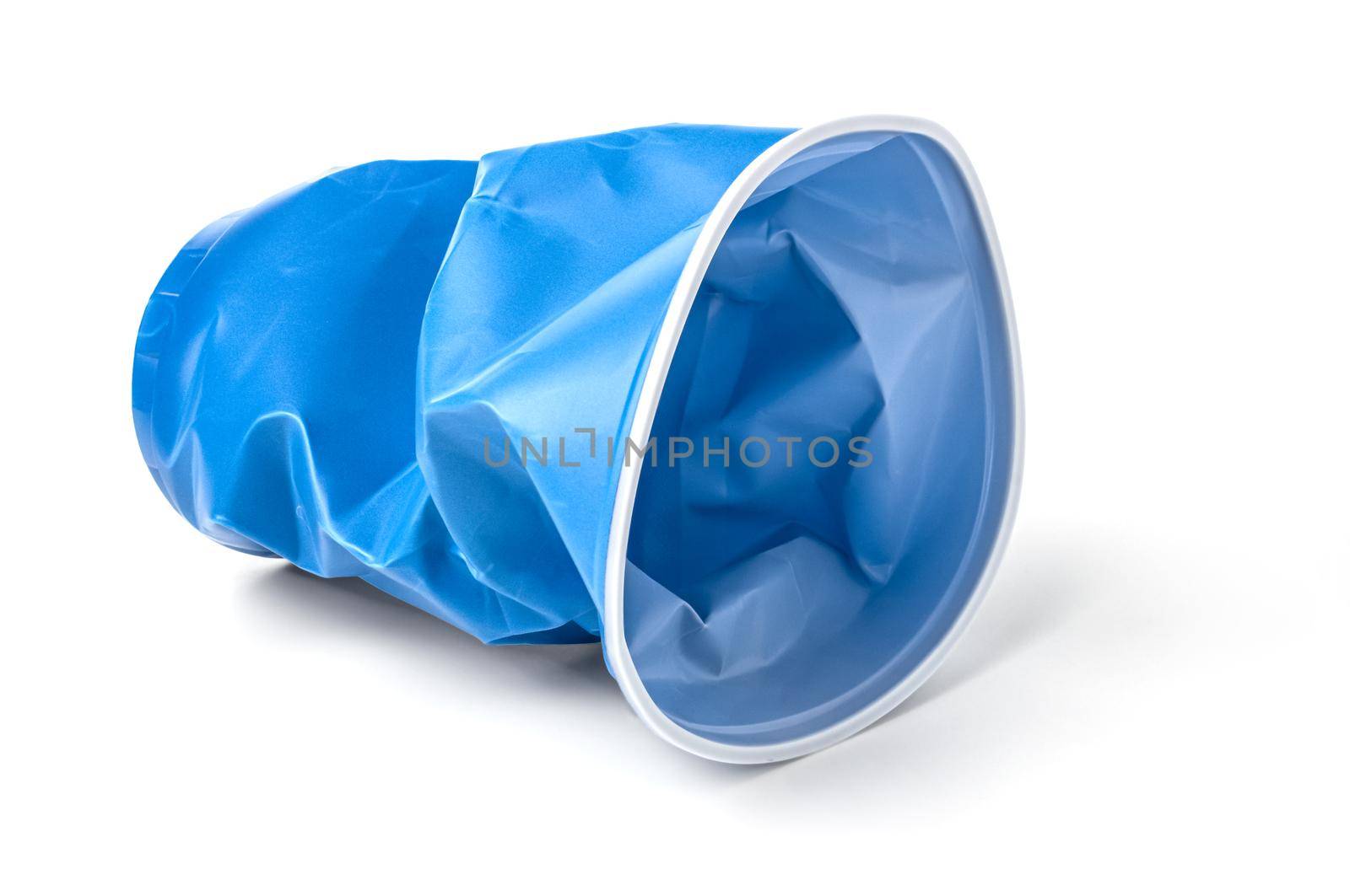 crumpled blue plastic cup, insulated on a white background