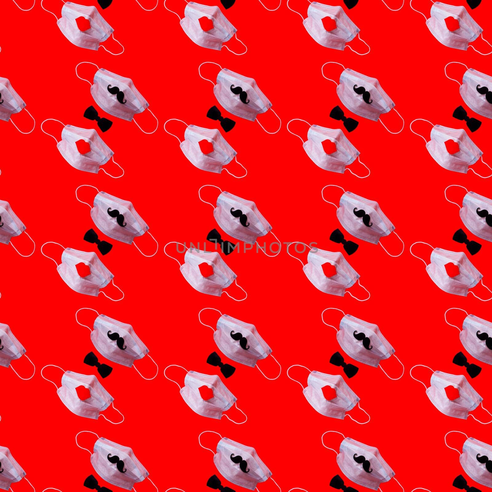 Surgical mask for the face of a gentleman and lady on a red background. Seamless medical pattern. by bySergPo