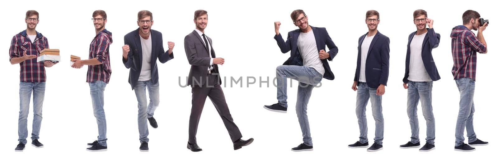 panoramic collage of self-motivated young man .isolated on white background