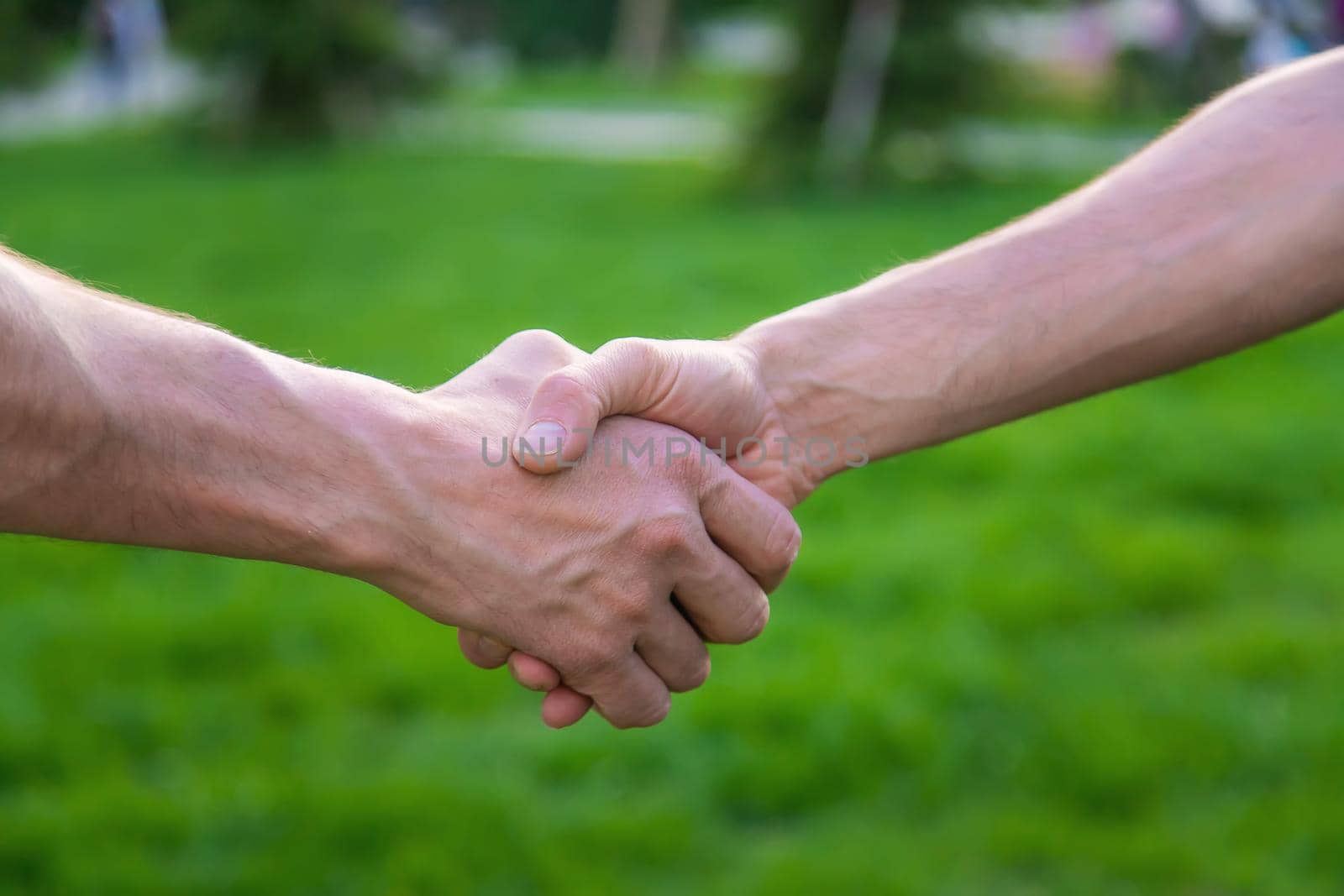 Handshake of men at a meeting in the park. Selective focus. by yanadjana