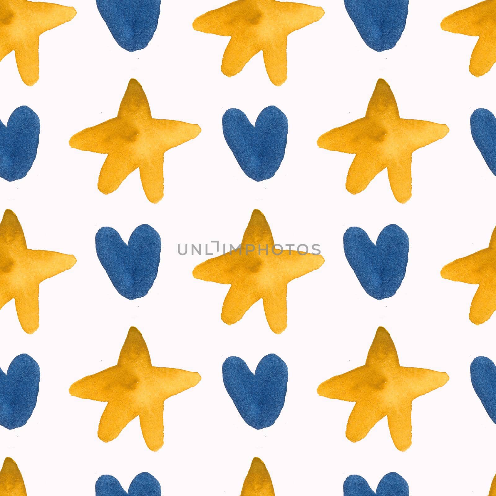 Seamless watercolor pattern of yellow stars and blue hearts. Suitable for wrapping paper, fabric drawing, banner creation.