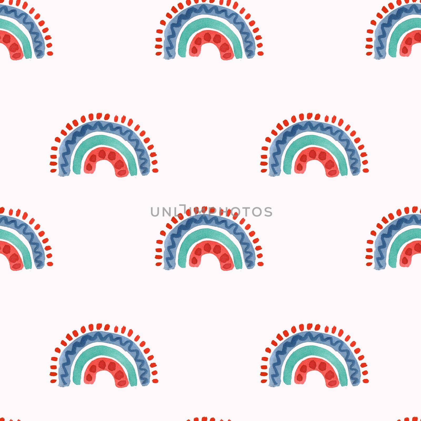 Cute seamless watercolor pattern of multicolored rainbows. For decorating children's works, interior, fabrics, illustrations.