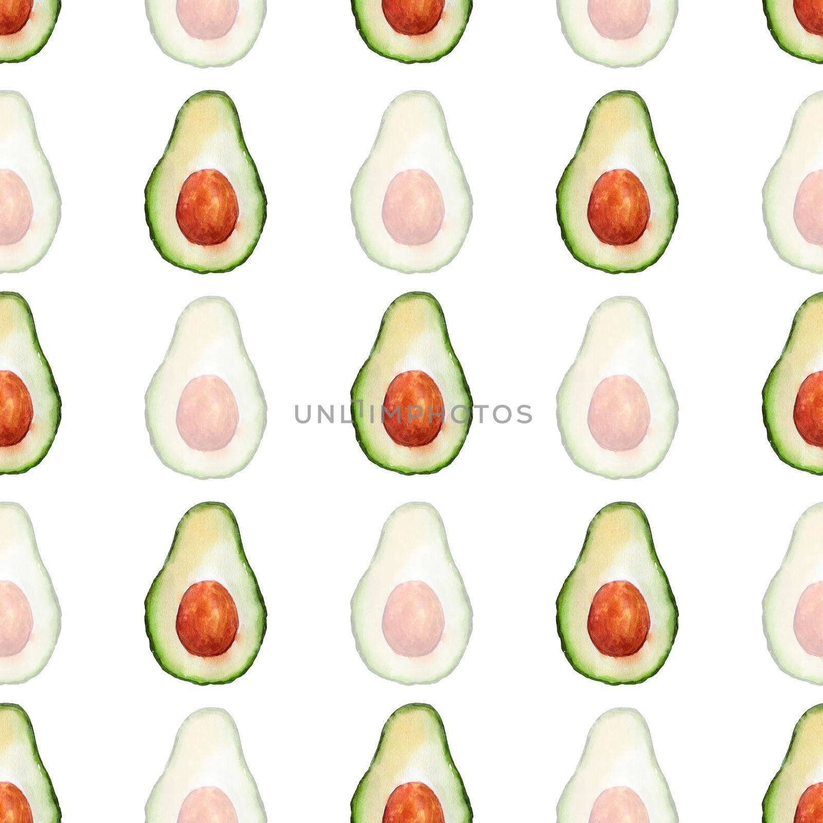 Watercolor seamless pattern with fruits avocado on white background. Endless Pattern for kitchen textiles by ElenaPlatova