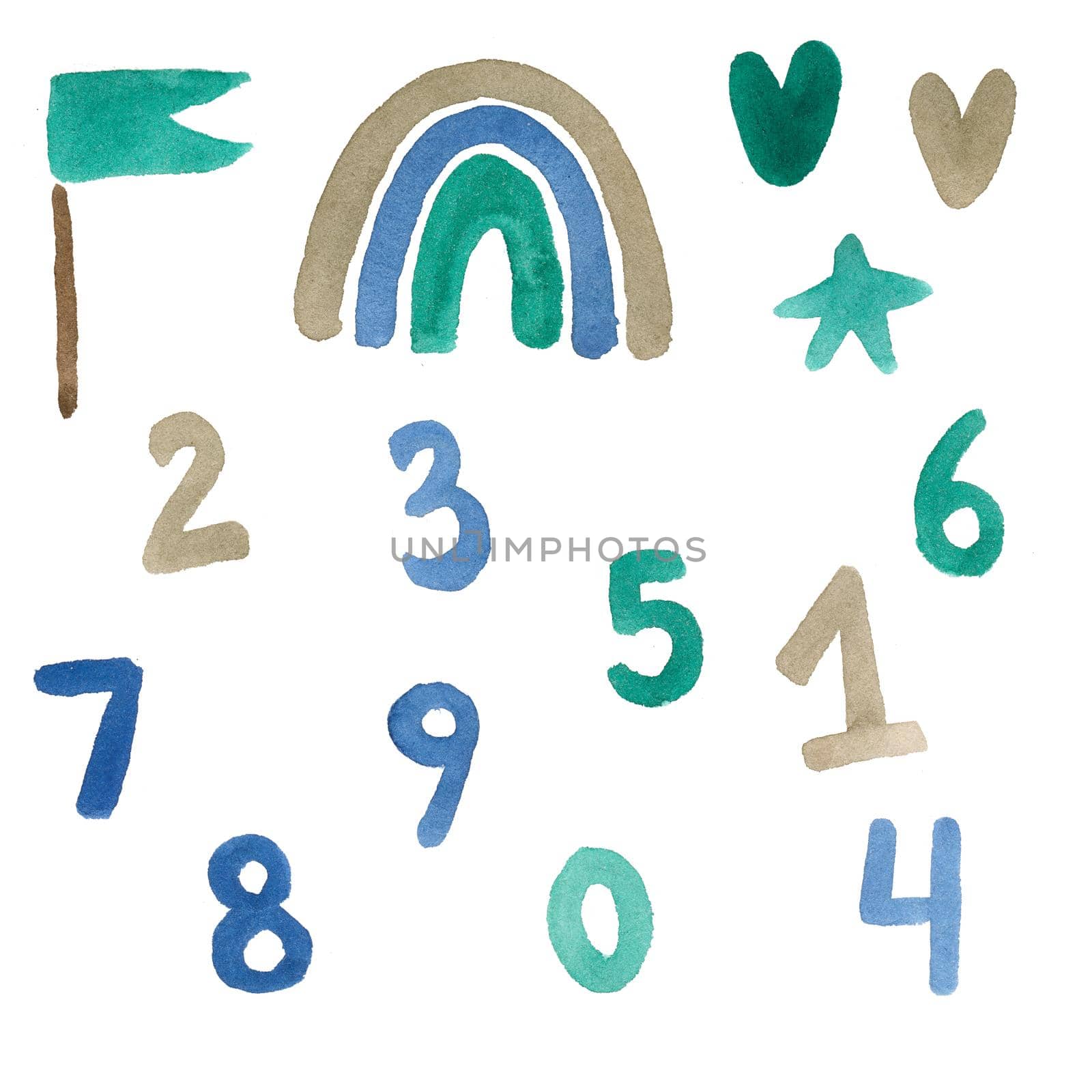 Watercolor set of numbers from 1 to 9. Symbols for invitations, banners, drawings, postcards. Isolated objects on a white background in turquoise blue.