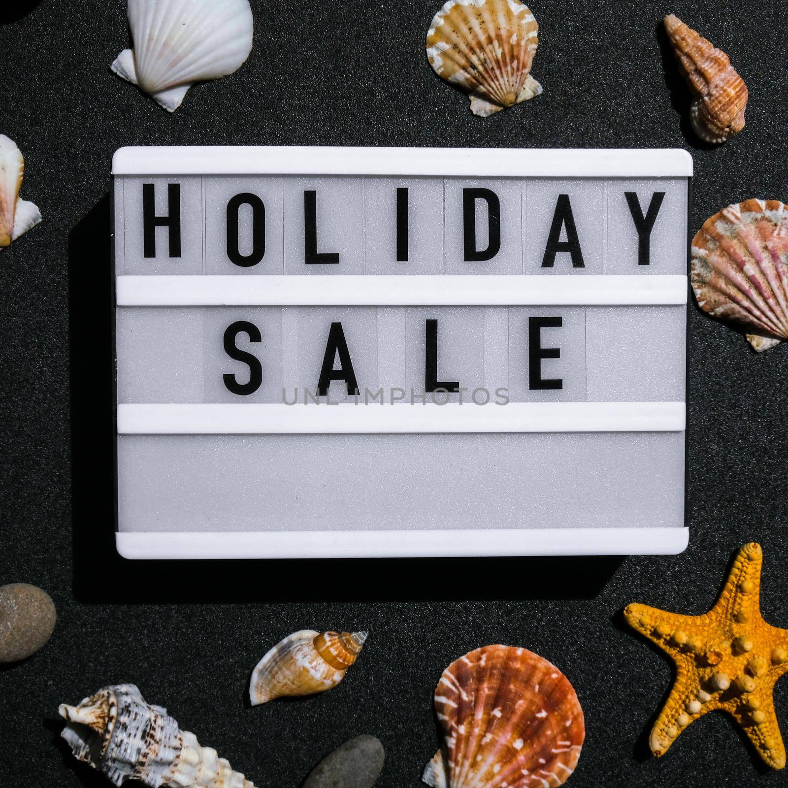 Lightbox with text HOLIDAY SALE, summer decorations Sale shopping concept. Mockup summer promotion advertising. Holiday. Sea shell stars by anna_stasiia