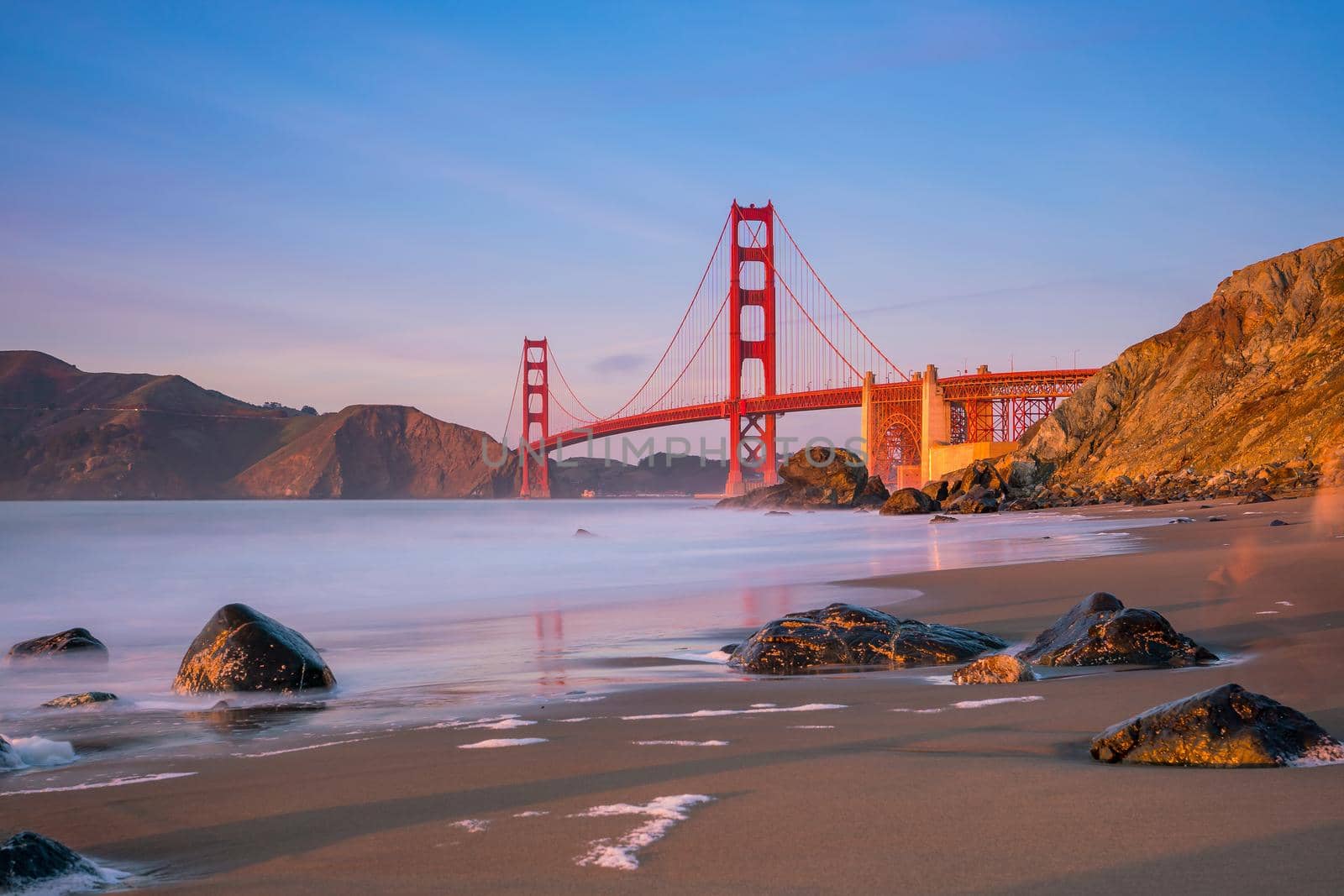 Golden Gate Bridge in San Francisco, California at sunset.