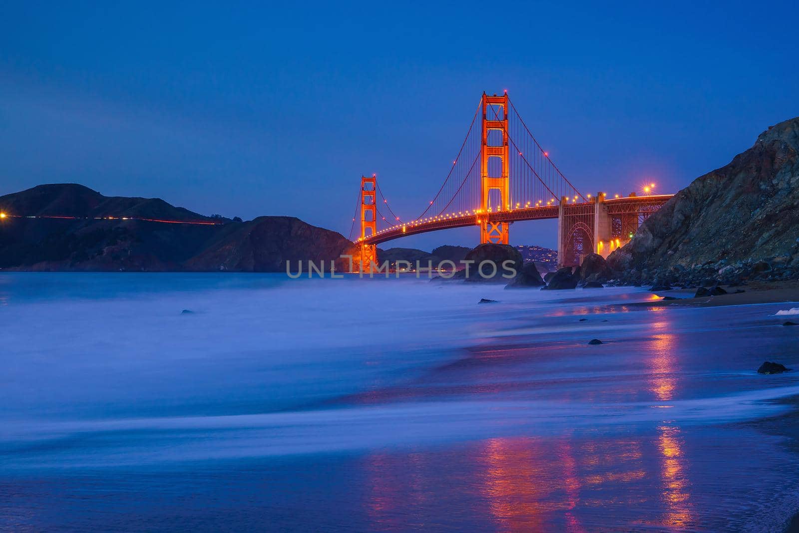Golden Gate Bridge in San Francisco, California at sunset.