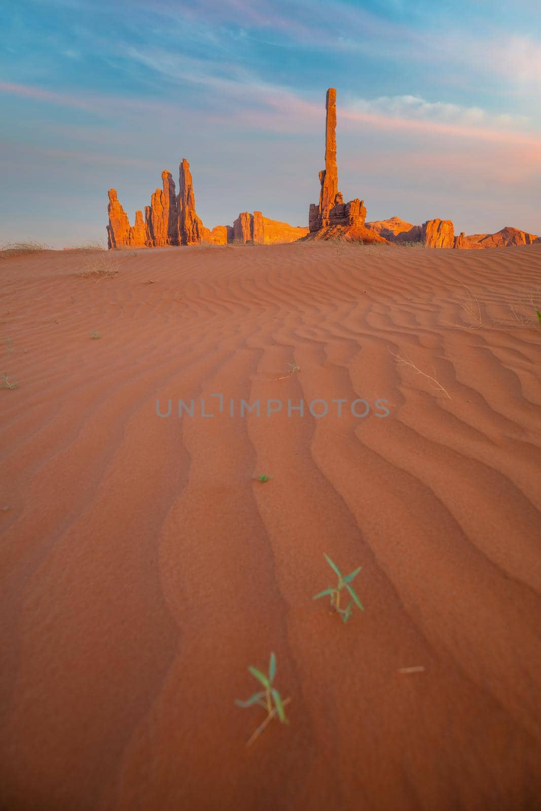 Totem pole and sand dunes  in Monument Valley, Arizona USA  by f11photo