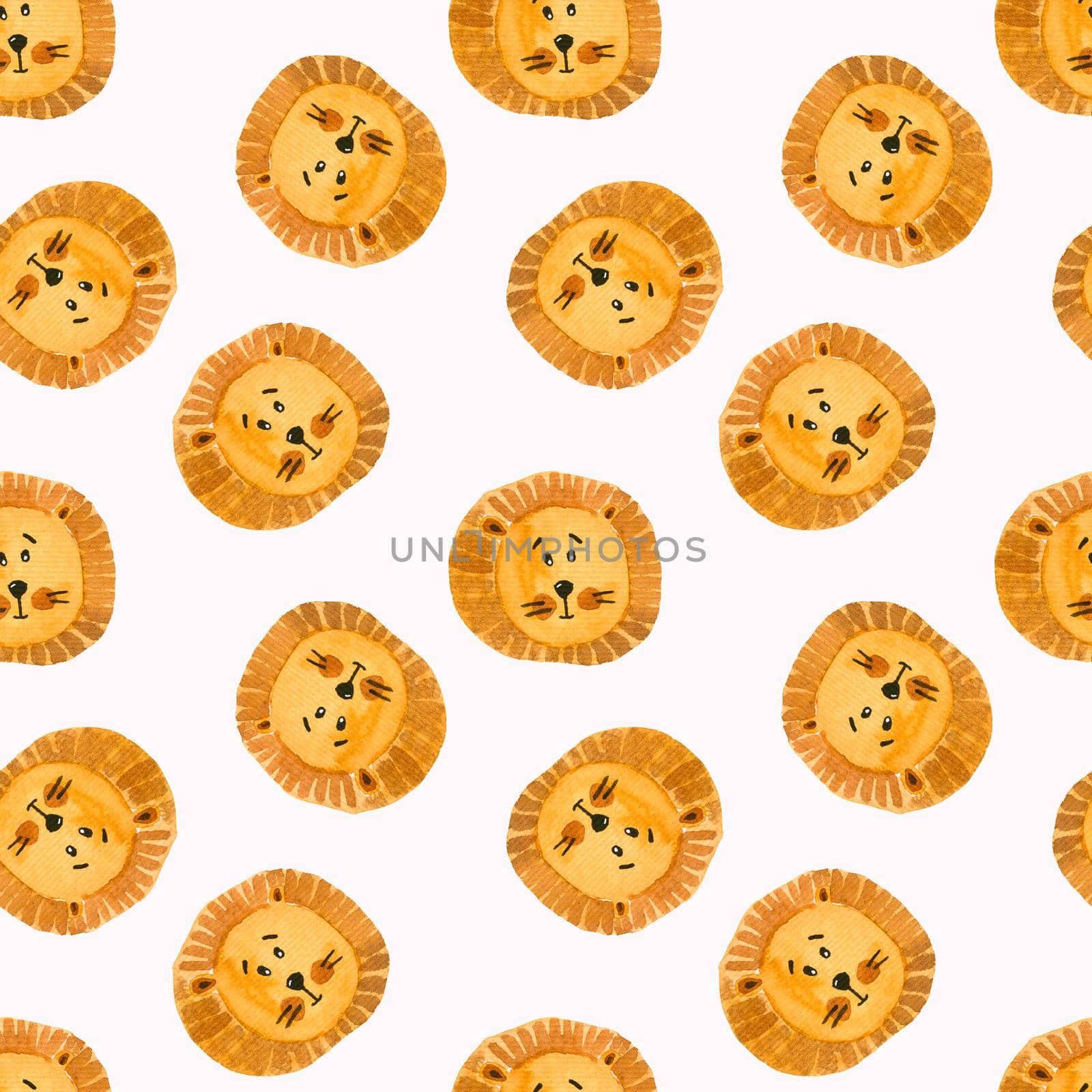 Seamless watercolor pattern of round lion muzzles. Cute funny pattern for kids.