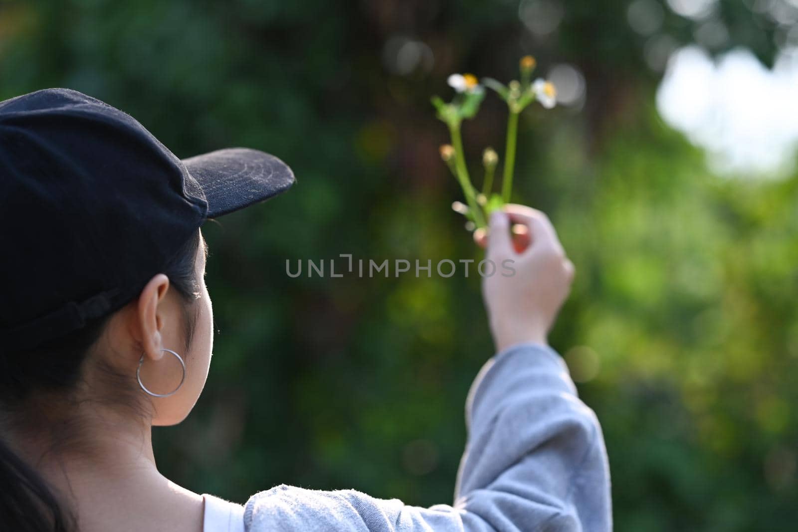 Rear view of young woman hand holding young plant on blur green nature background. Earth day concept.