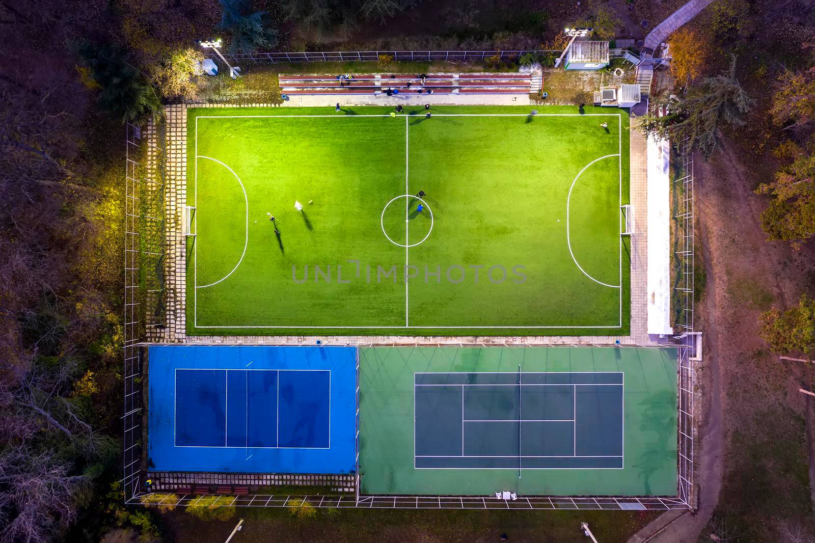 Varna, Bulgaria - November, 17 2019: Aerial view from drone of a beautiful park with an outdoor soccer and tennis playground