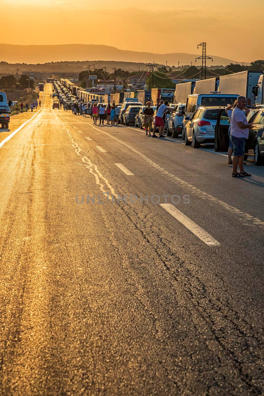 Turkey Border, Turkey - August 30, 2019. Trucks and cars waiting in long lines to cross the international border 