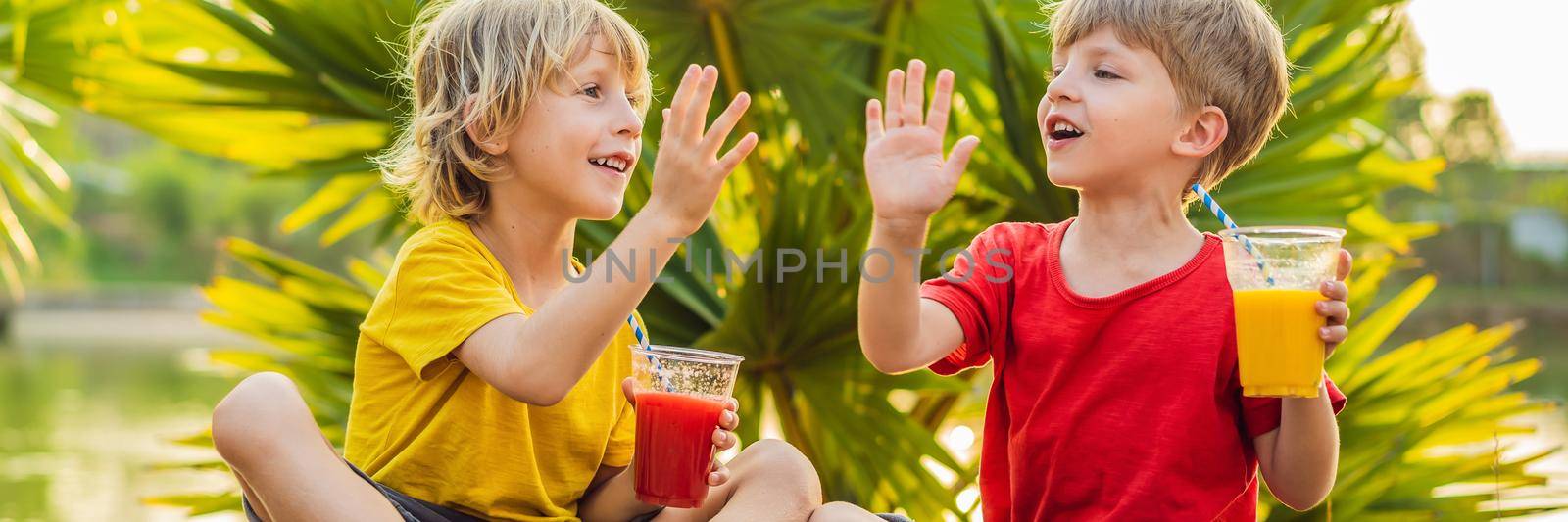 BANNER, LONG FORMAT Two boys drink healthy smoothies against the backdrop of palm trees. Mango and watermelon smoothies. Healthy nutrition and vitamins for children by galitskaya