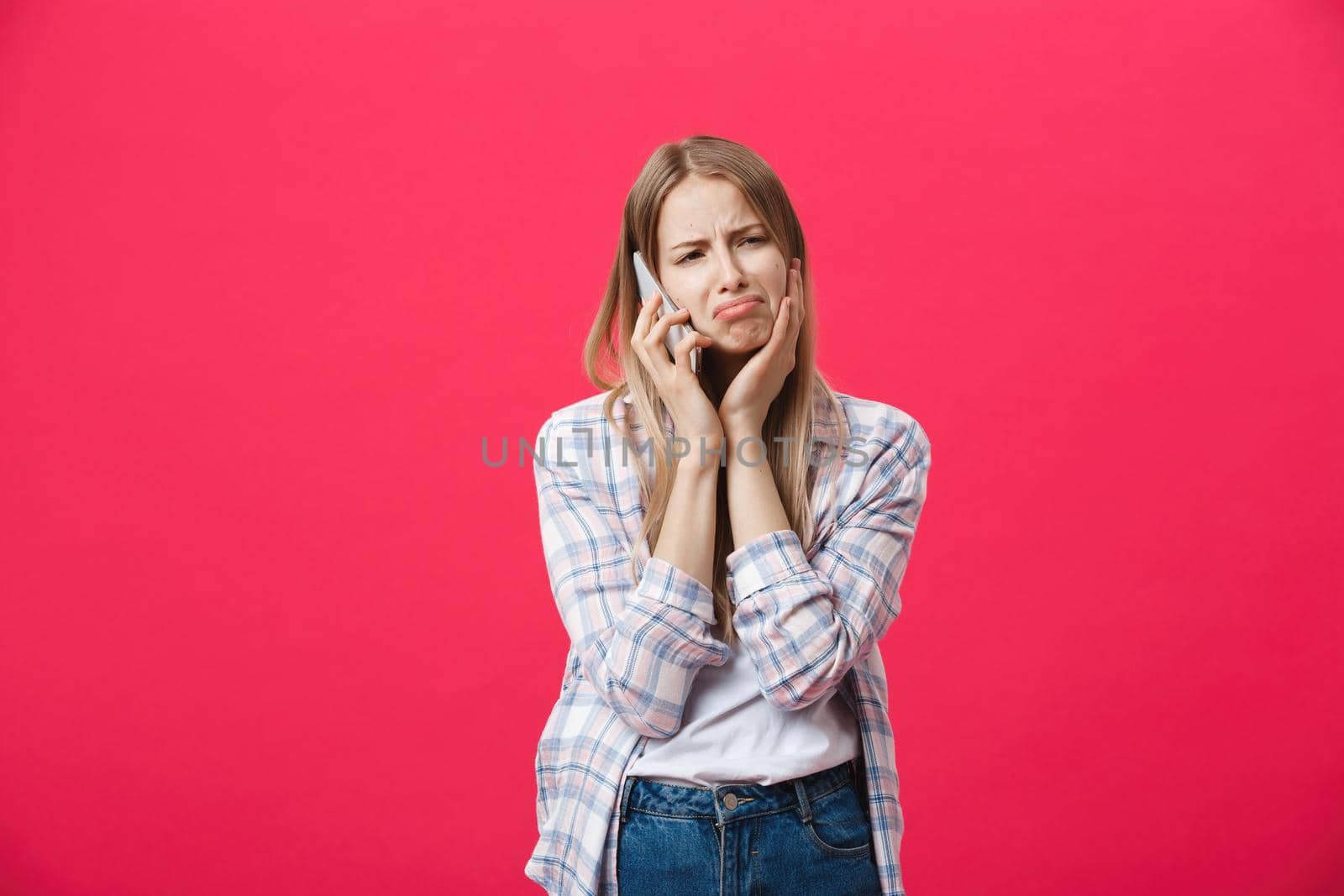 Shot of bored annoyed beautiful teenage girl with straight blond hair looking at camera with boring and annoying face, wearing trendy eyewear and long-sleeved sweater, got tired at school by Benzoix