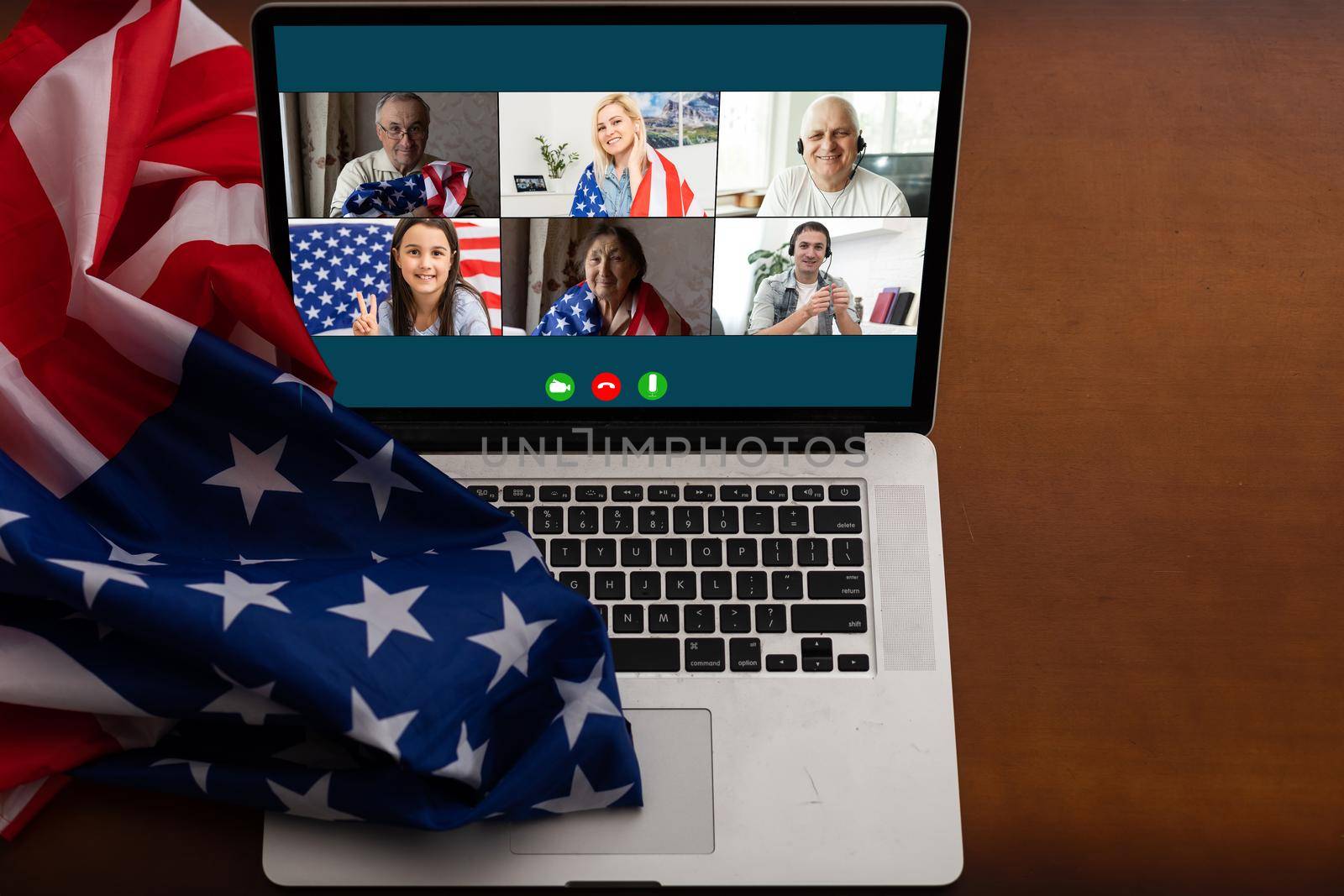 laptop with video chat, flag of the usa.