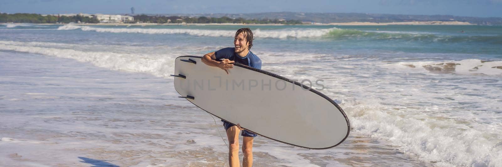 Surfer with his surfboard running to the waves BANNER, LONG FORMAT by galitskaya