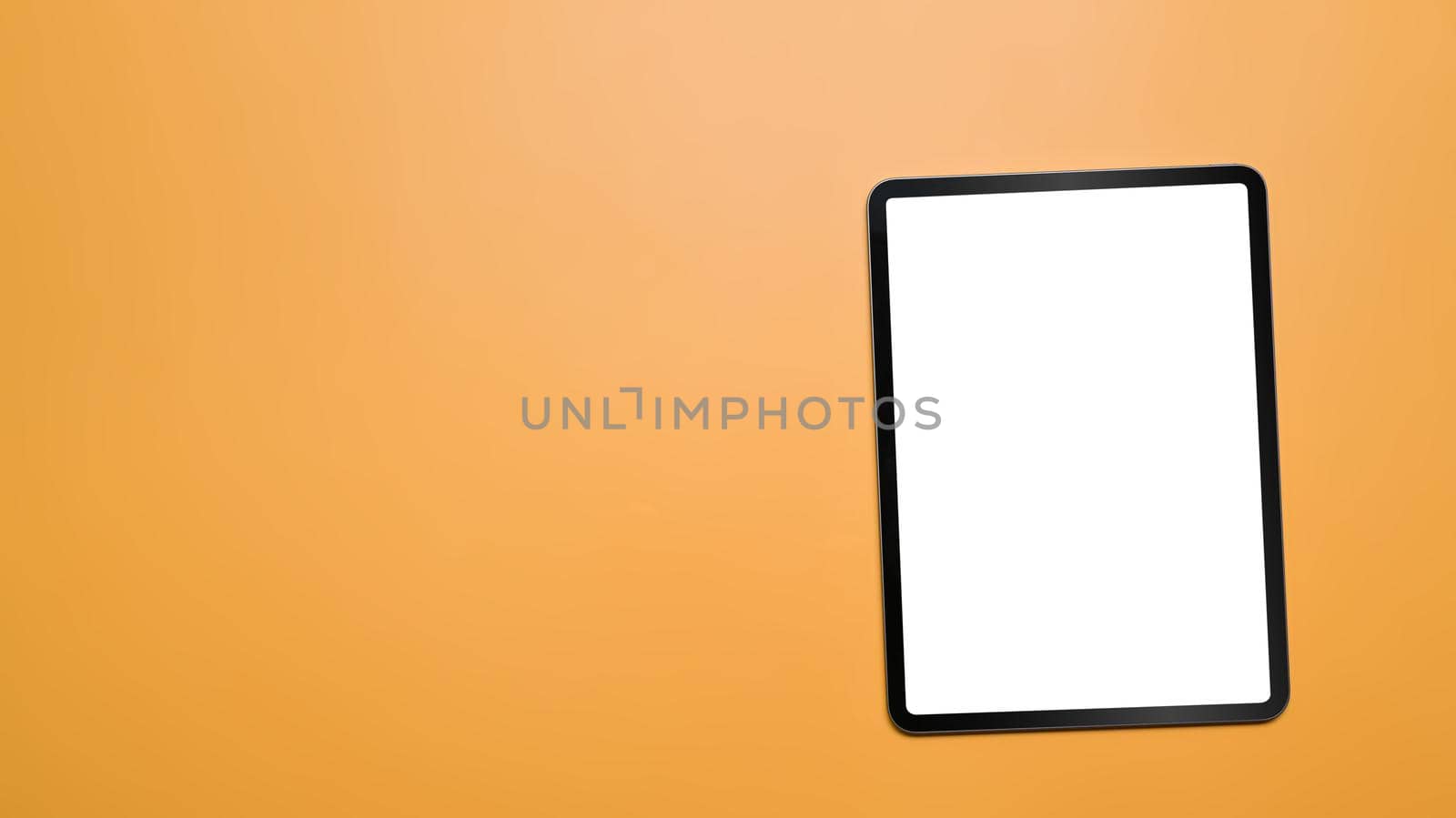 Flat lay digital tablet with blank screen on yellow background with copy space.