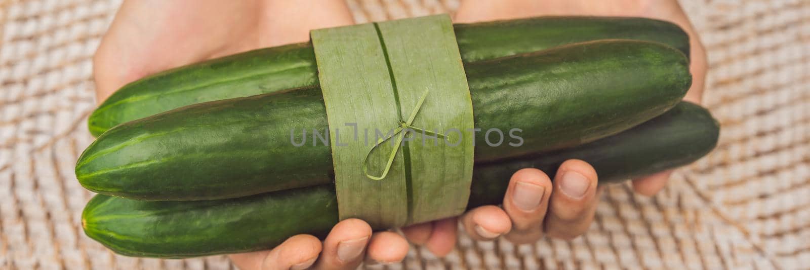 BANNER, LONG FORMAT Eco-friendly product packaging concept. Cucumber wrapped in a banana leaf, as an alternative to a plastic bag. Zero waste concept. Alternative packaging.