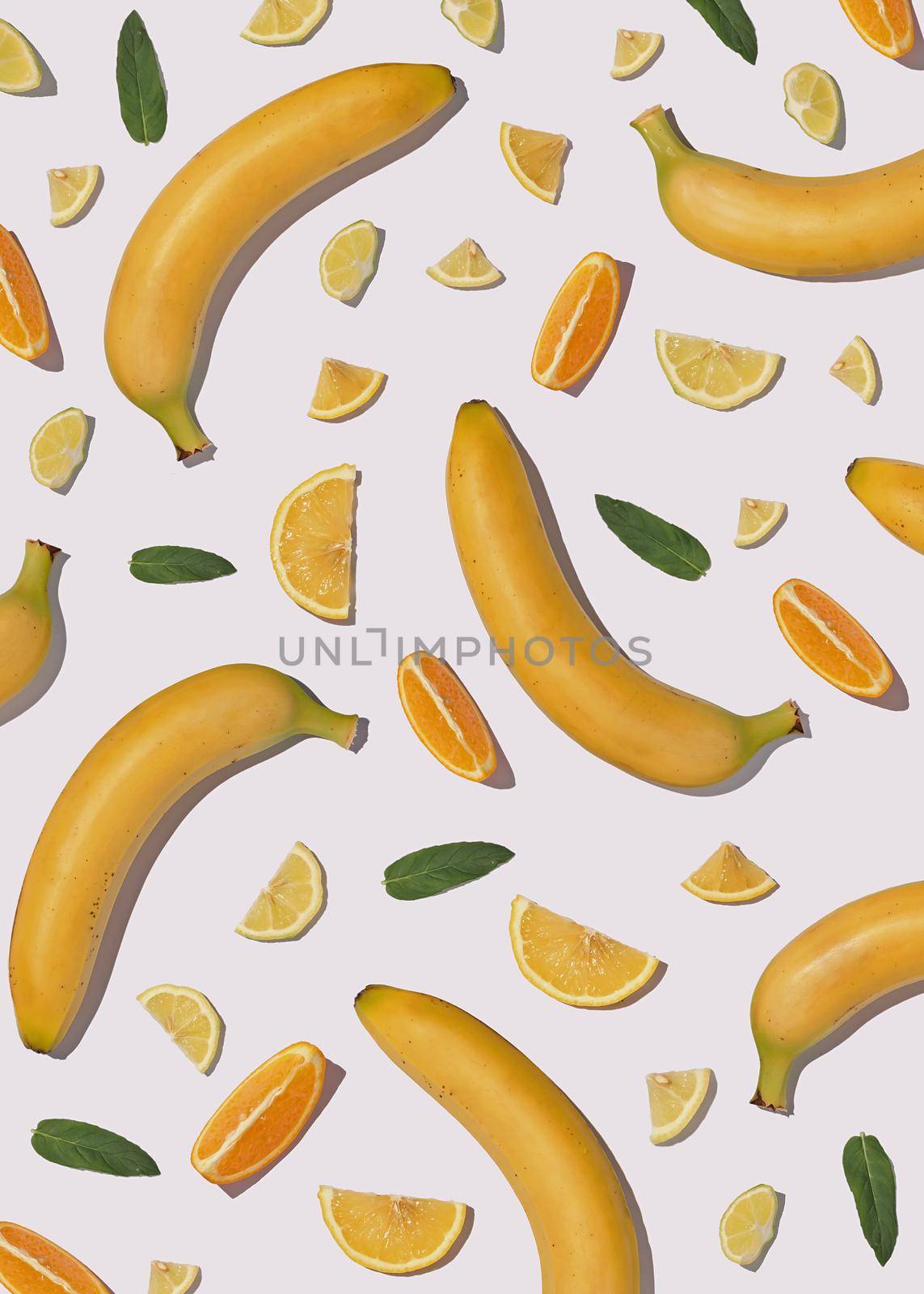 Bright summer creative fruity tropical pattern. Top view and flat lay and minimal contemporary summer concept.